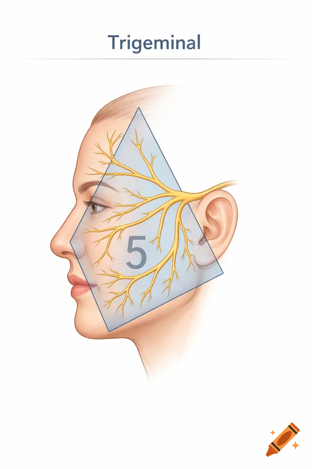 Medical illustration of a human face in side profile showing the trigeminal nerve branches and a number 5 in a blue triangle.
