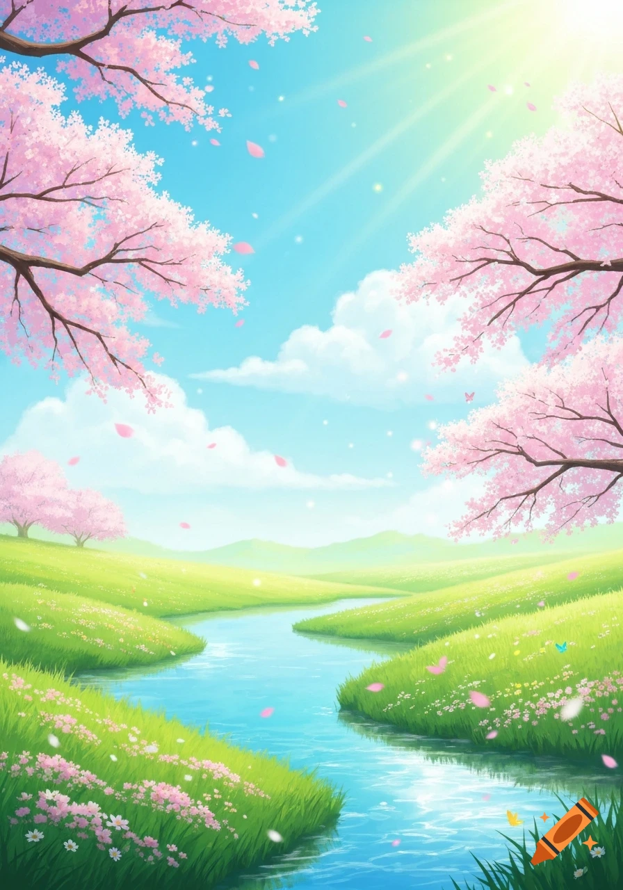 Vibrant painting of a spring landscape with pink cherry blossom trees, a winding river, and lush green hills under a bright blue sky.