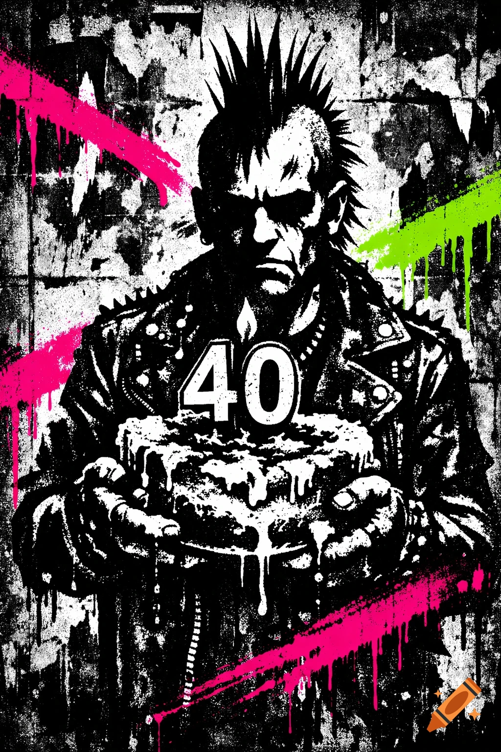 Grungy black-and-white street art of a punk figure with a mohawk and leather jacket, holding a cake with a '40' candle. Neon pink and green splashes add color.