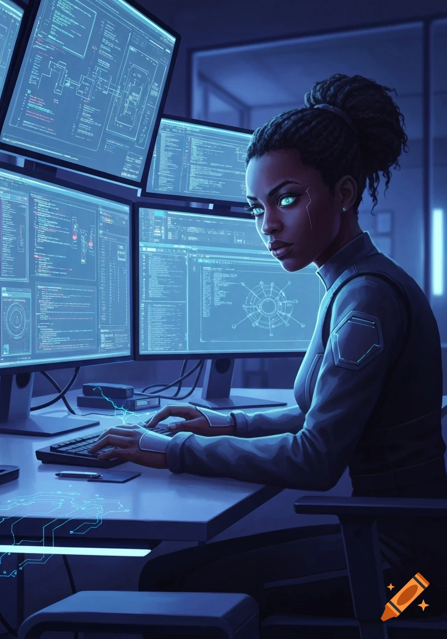 A black woman with glowing eyes works at multiple computer monitors displaying code in a dark, futuristic office.