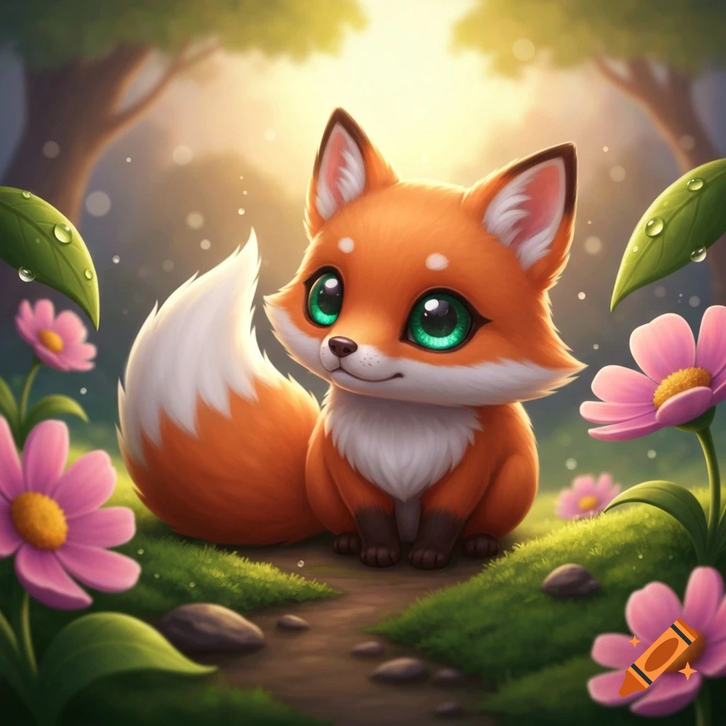 A cute chibi fox with large green eyes sits on a grassy path surrounded by pink flowers in a sunlit forest.