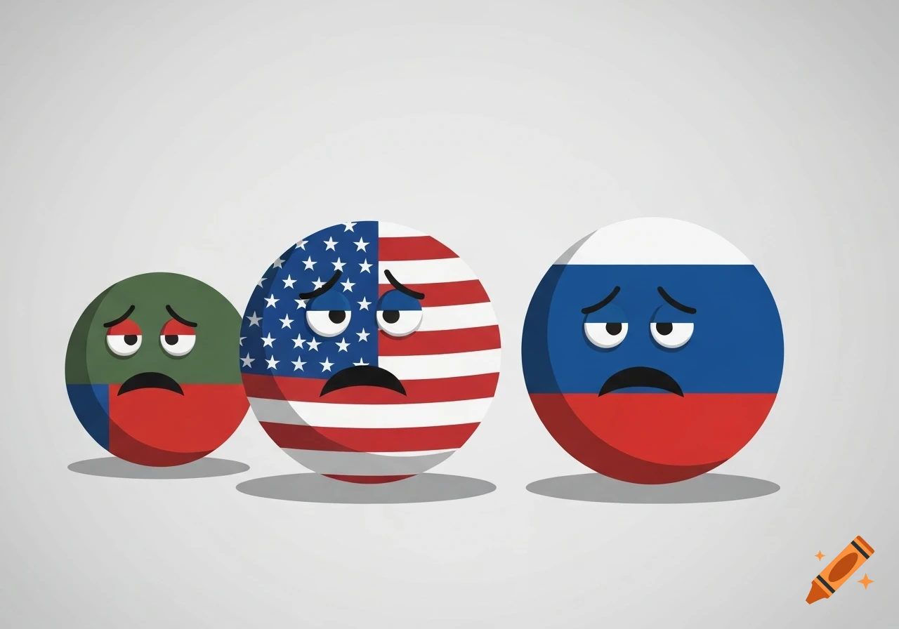 Three sad cartoon countryball characters, representing Afghanistan, USA, and Russia, on a light grey background.