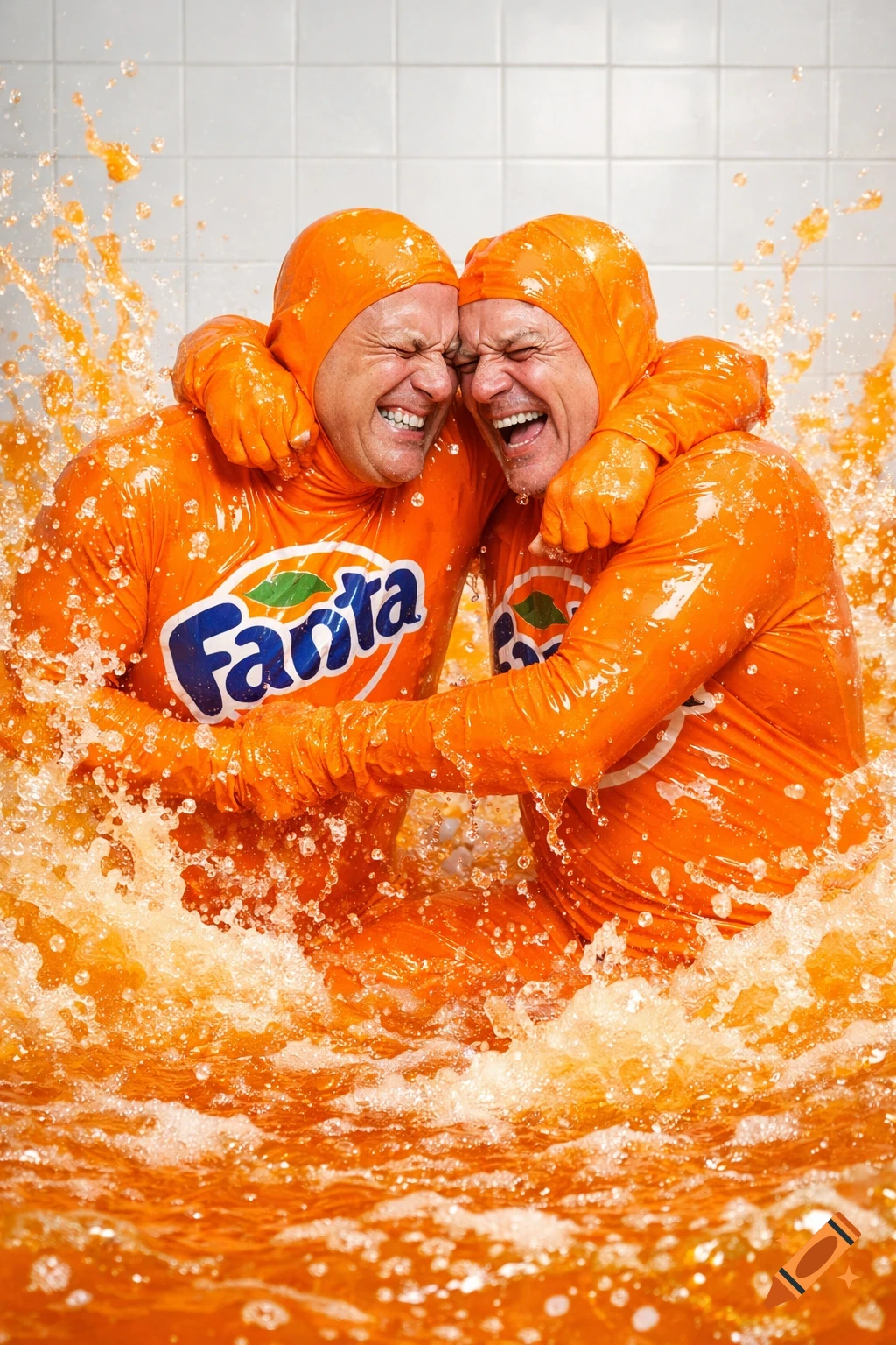 Two smiling men in orange Fanta morphsuits splash playfully in a pool of orange soda.