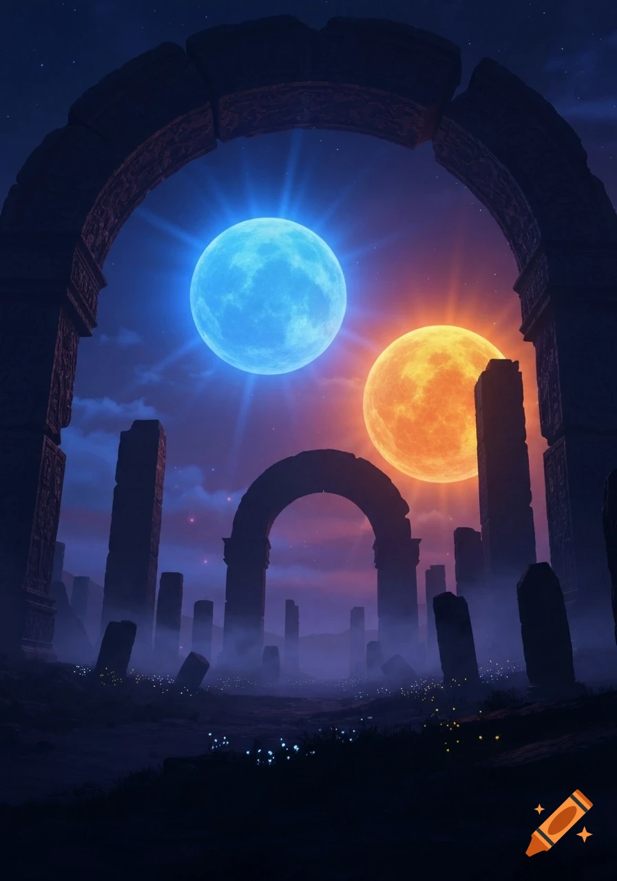 Two glowing moons, one blue and one orange, illuminate a misty night sky above crumbling ancient stone ruins.