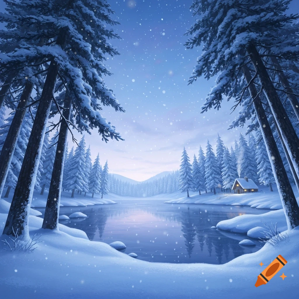 A serene winter landscape with snow-covered pine trees framing a frozen lake and a cozy cabin on the distant shore under a soft blue sky.