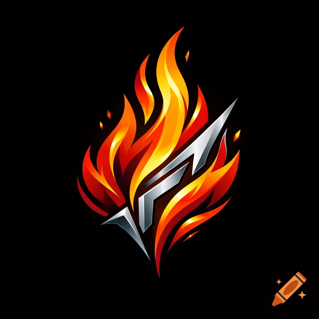 A modern logo of vibrant orange and red flames with a metallic silver, angular symbol, possibly an 'F', against a black background.