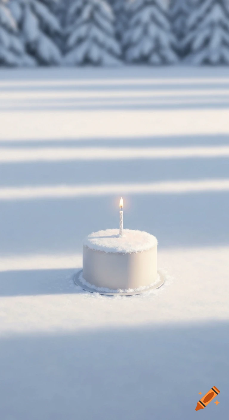 A white birthday cake with a lit candle stands alone on a snow-covered field with blurred pine trees in the background.