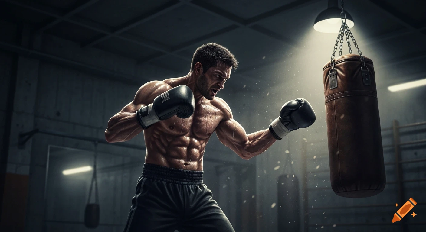 Muscular boxer intensely punches a heavy bag in a dark gym with dramatic lighting.