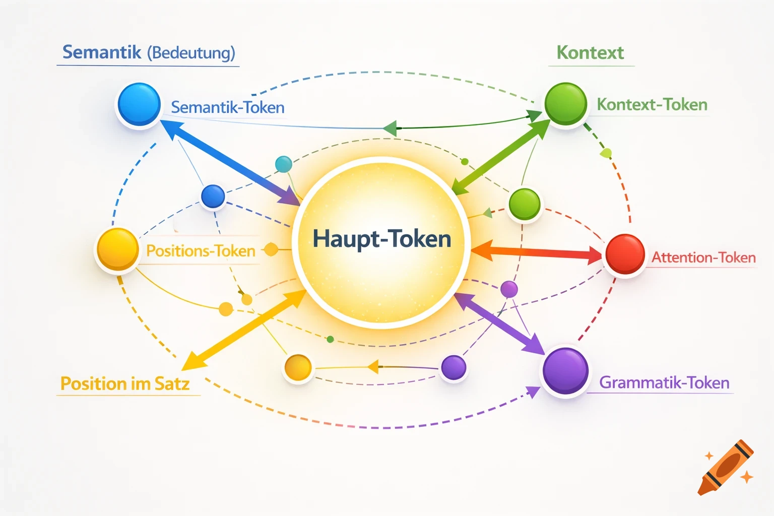 Infographic diagramming AI token relationships including semantics, context, position, grammar, and attention.