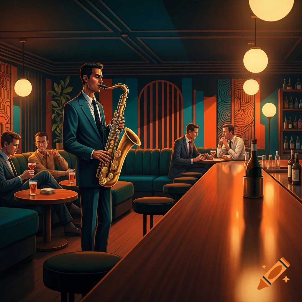 Stylized illustration of a jazz bar with a saxophonist playing for men seated at tables and a bar.