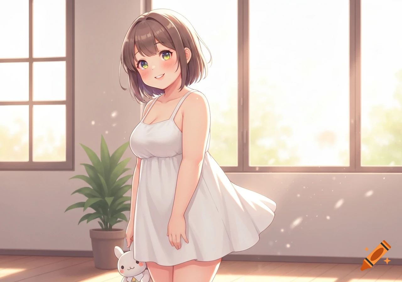 A smiling anime girl in a white dress holds a white bunny plushie while standing by sunlit windows indoors.