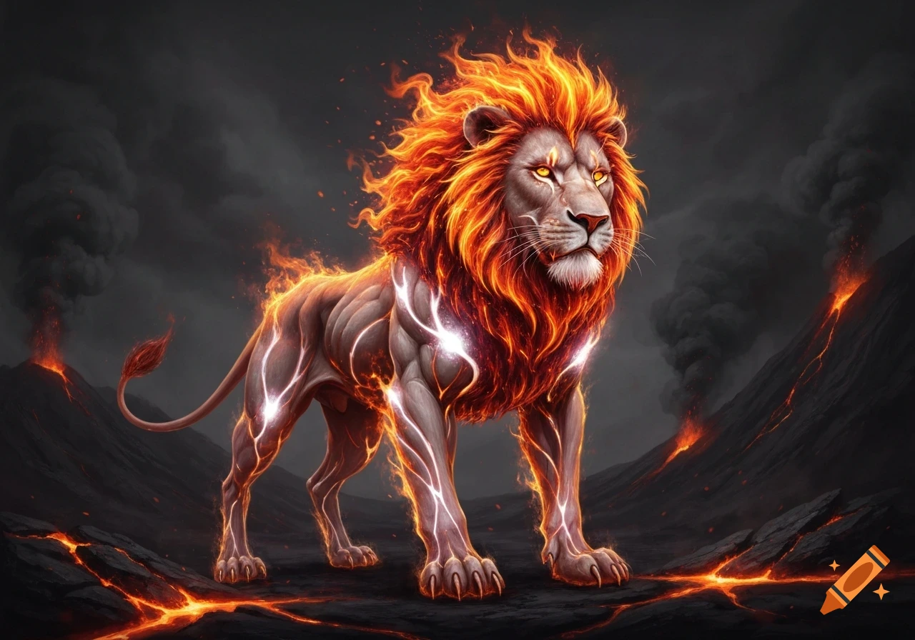 A majestic lion with a fiery mane and glowing lines on its body stands in a volcanic landscape with flowing lava and smoke.