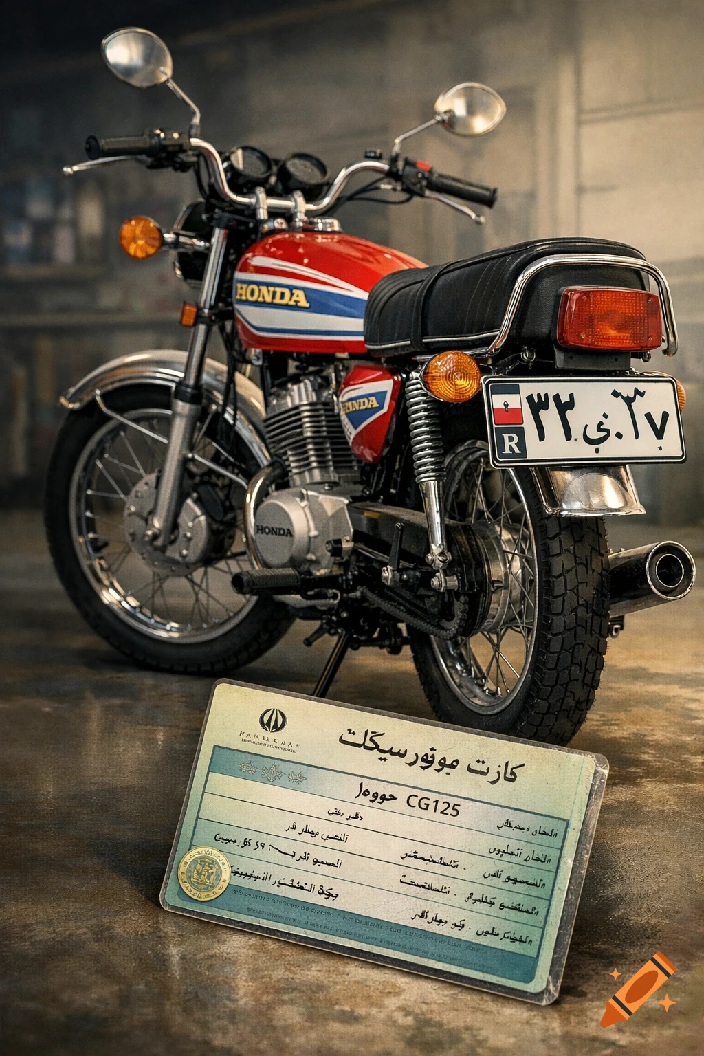 A red, white, and blue vintage Honda CG125 motorcycle with a Persian license plate, parked next to a registration card on a concrete floor.