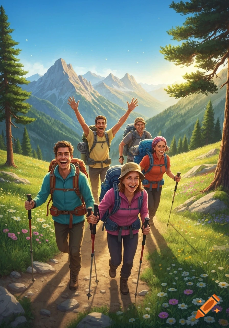 Five cheerful hikers with backpacks and trekking poles walk along a mountain path on a sunny day.