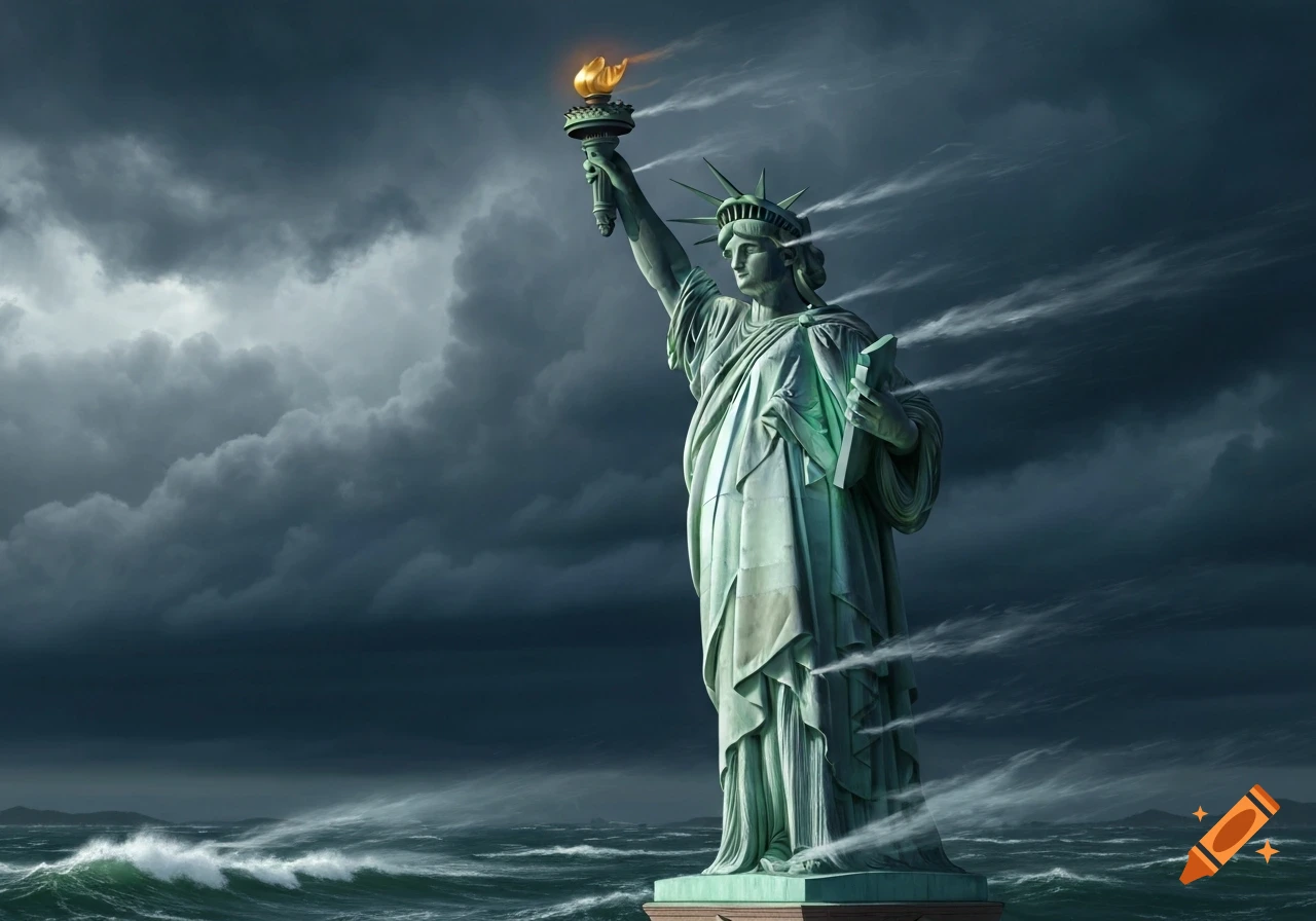 The Statue of Liberty stands in a dramatic stormy ocean with dark, swirling clouds and rough waves.