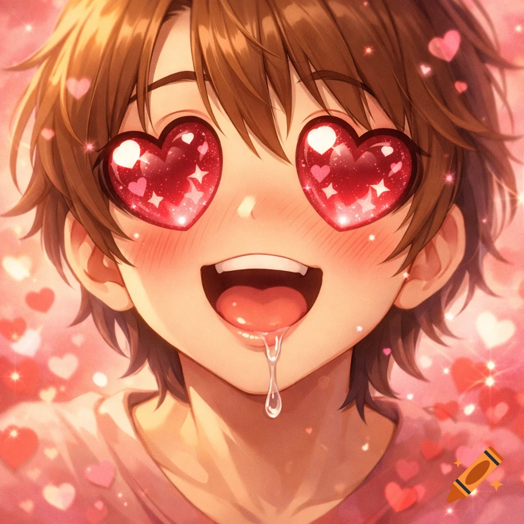 Anime character with brown hair, sparkling heart-shaped eyes, and drooling with a wide smile, surrounded by pink hearts.