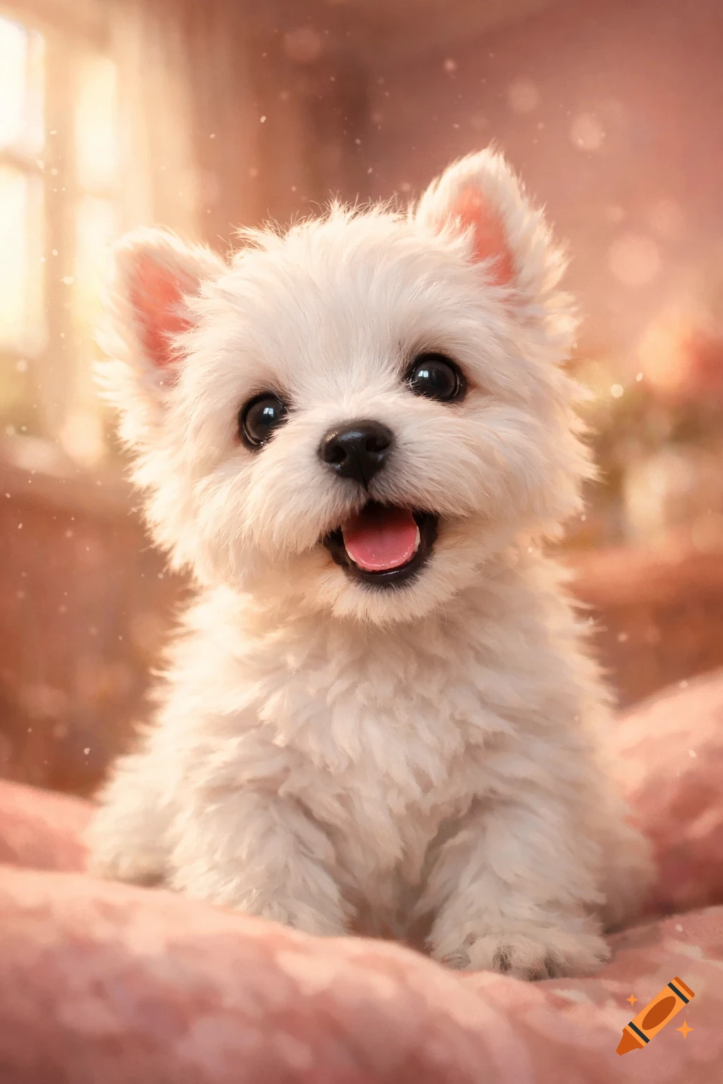 A fluffy white West Highland Terrier puppy with big black eyes and an open mouth, sitting on a pink blanket.