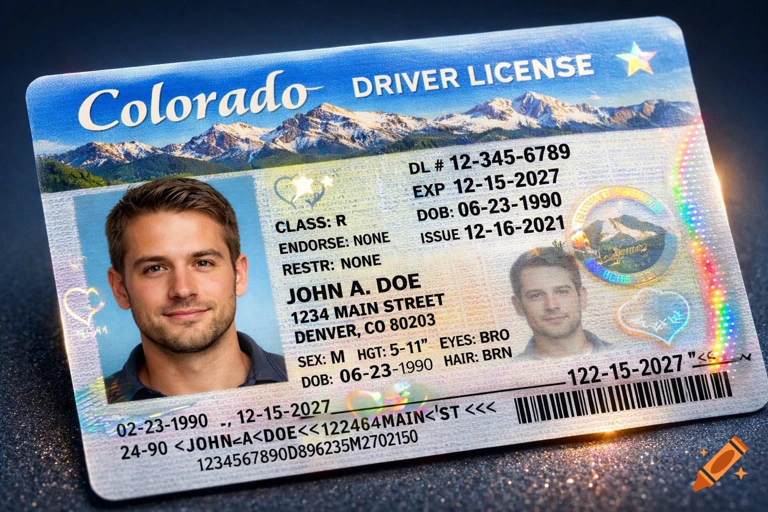 A photorealistic image of a Colorado driver's license for John A. Doe, showing a male photo, mountainous background, and holographic features.
