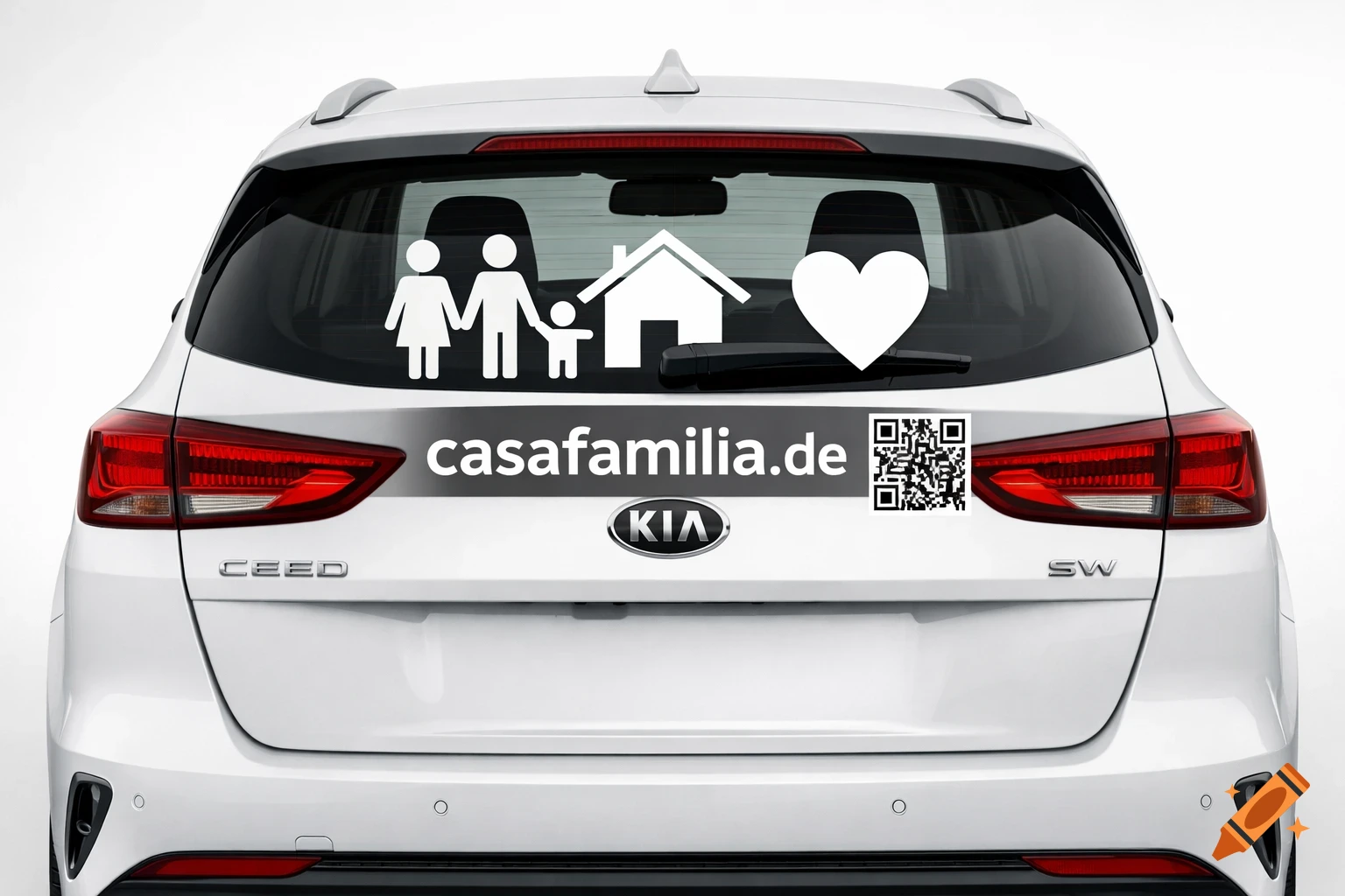 Rear view of a white Kia Ceed SW with family, house, and heart symbols, 'casafamilia.de' text, and a QR code on the back window and bumper.