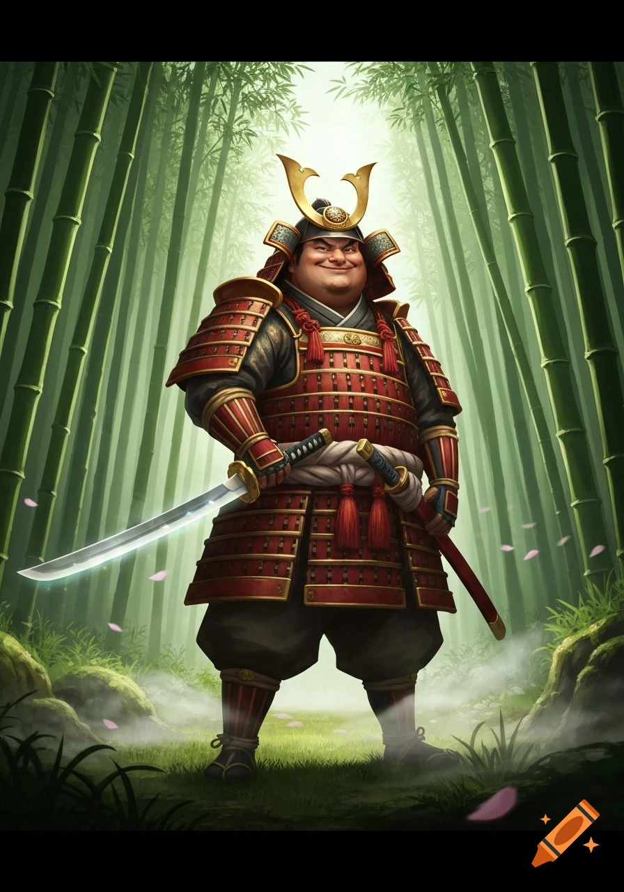 A cartoonish, plump samurai in red and gold armor stands smiling in a vibrant bamboo forest, holding a glowing katana.