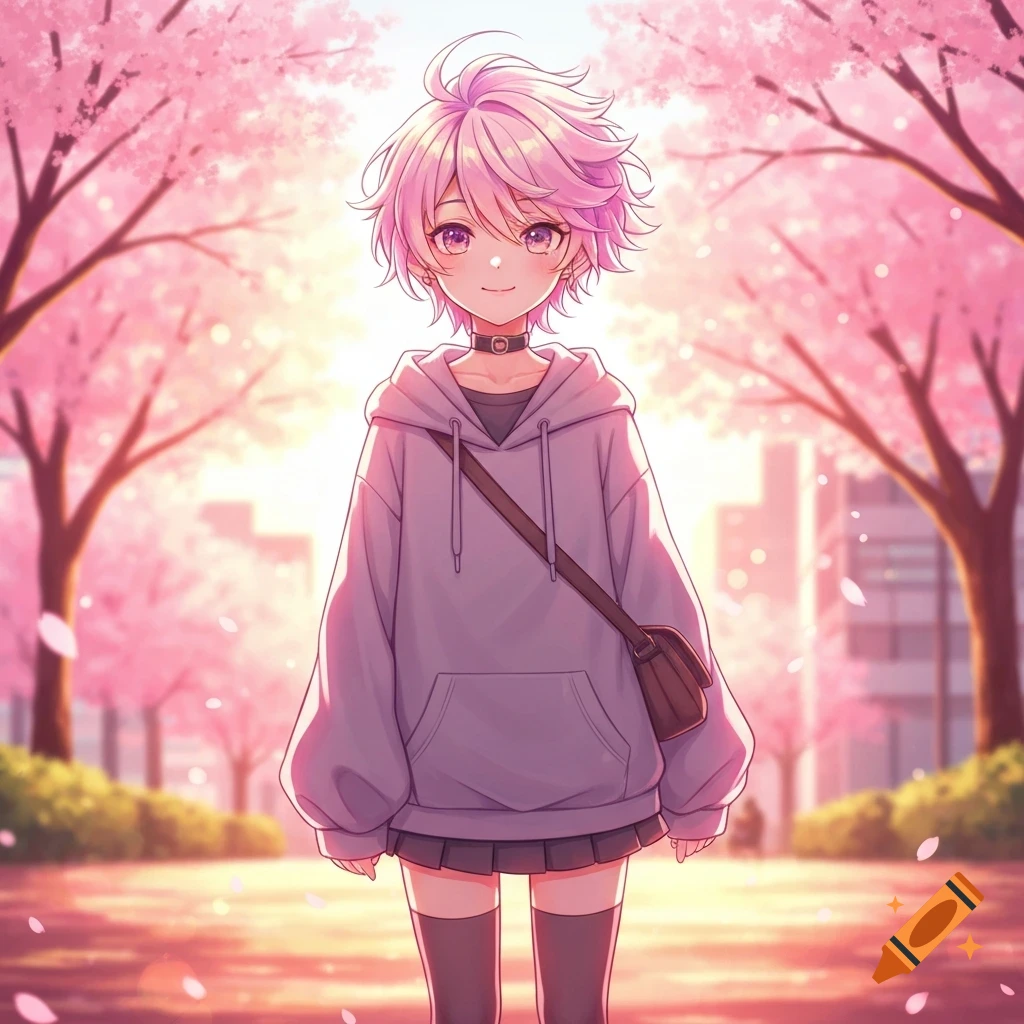 An anime character with pink hair, wearing a grey hoodie and skirt, stands in a park with pink cherry blossoms.