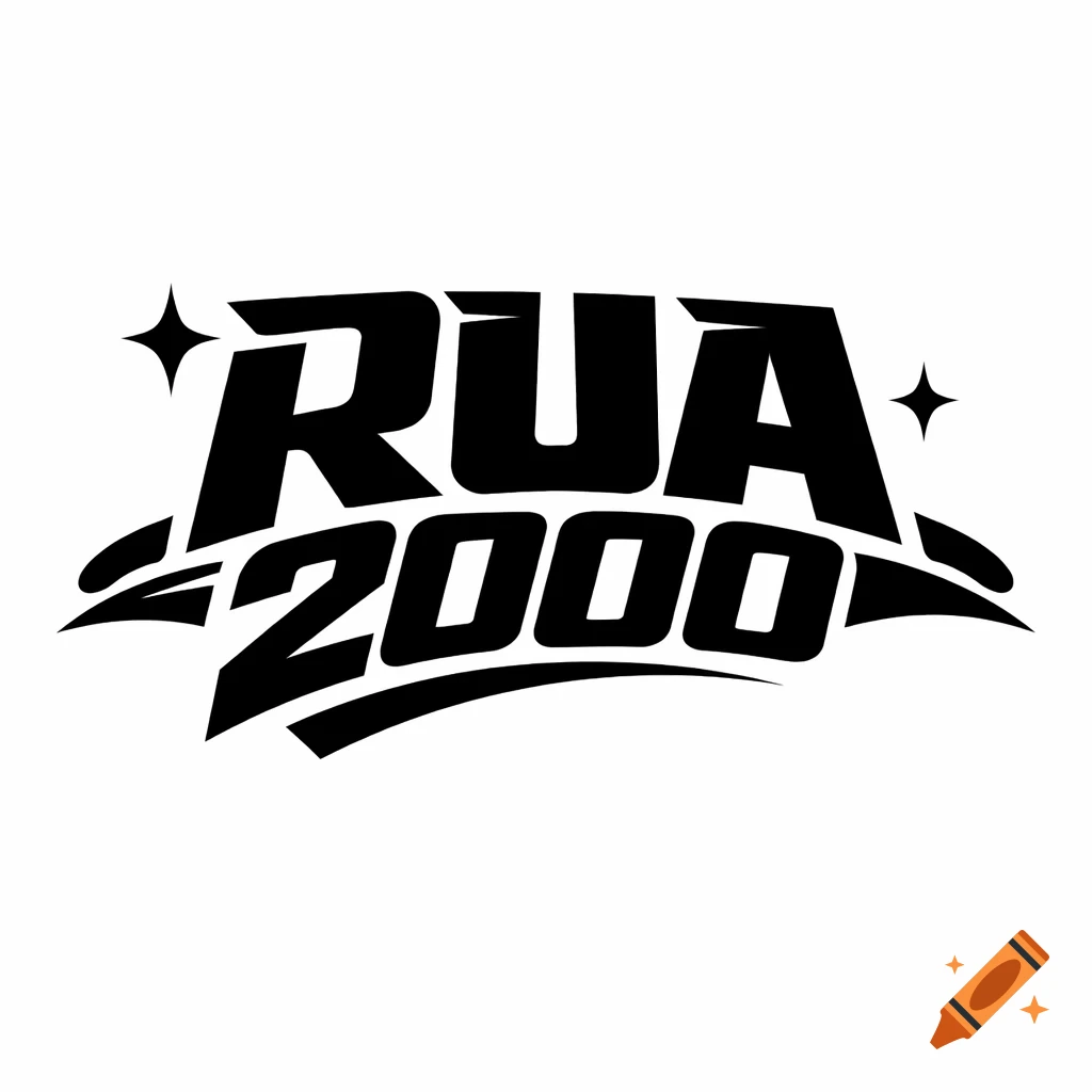 Black and white streetwear logo for "RUA 2000" with bold, condensed, Y2K-style typography and two small stars.