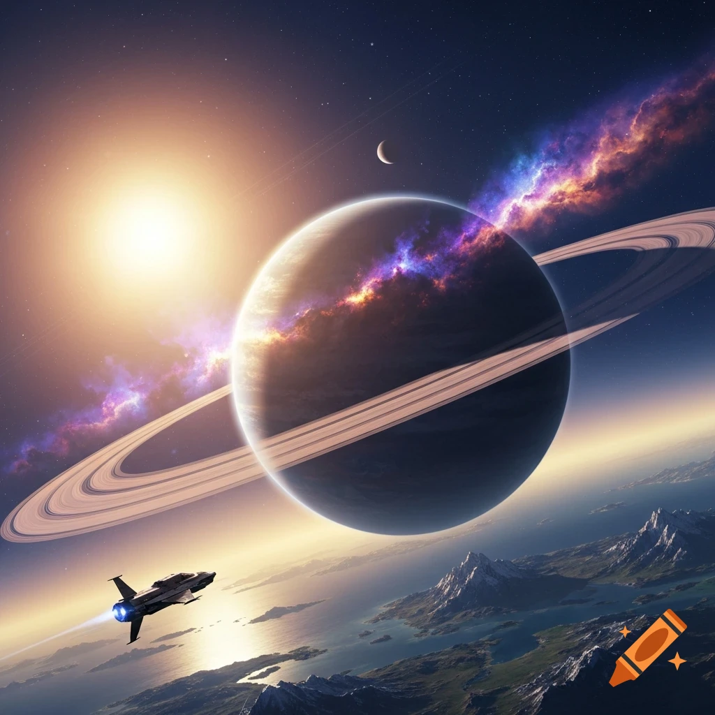 A futuristic spaceship flies over a planet with mountains and oceans, towards a ringed planet illuminated by a bright sun, with a nebula and crescent moon in the dark sky.