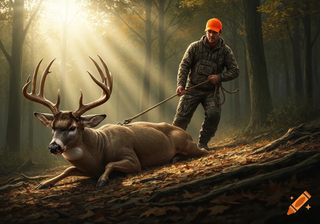 A hunter in camouflage and an orange hat drags a dead buck with a rope through an autumn forest, light beams through trees.
