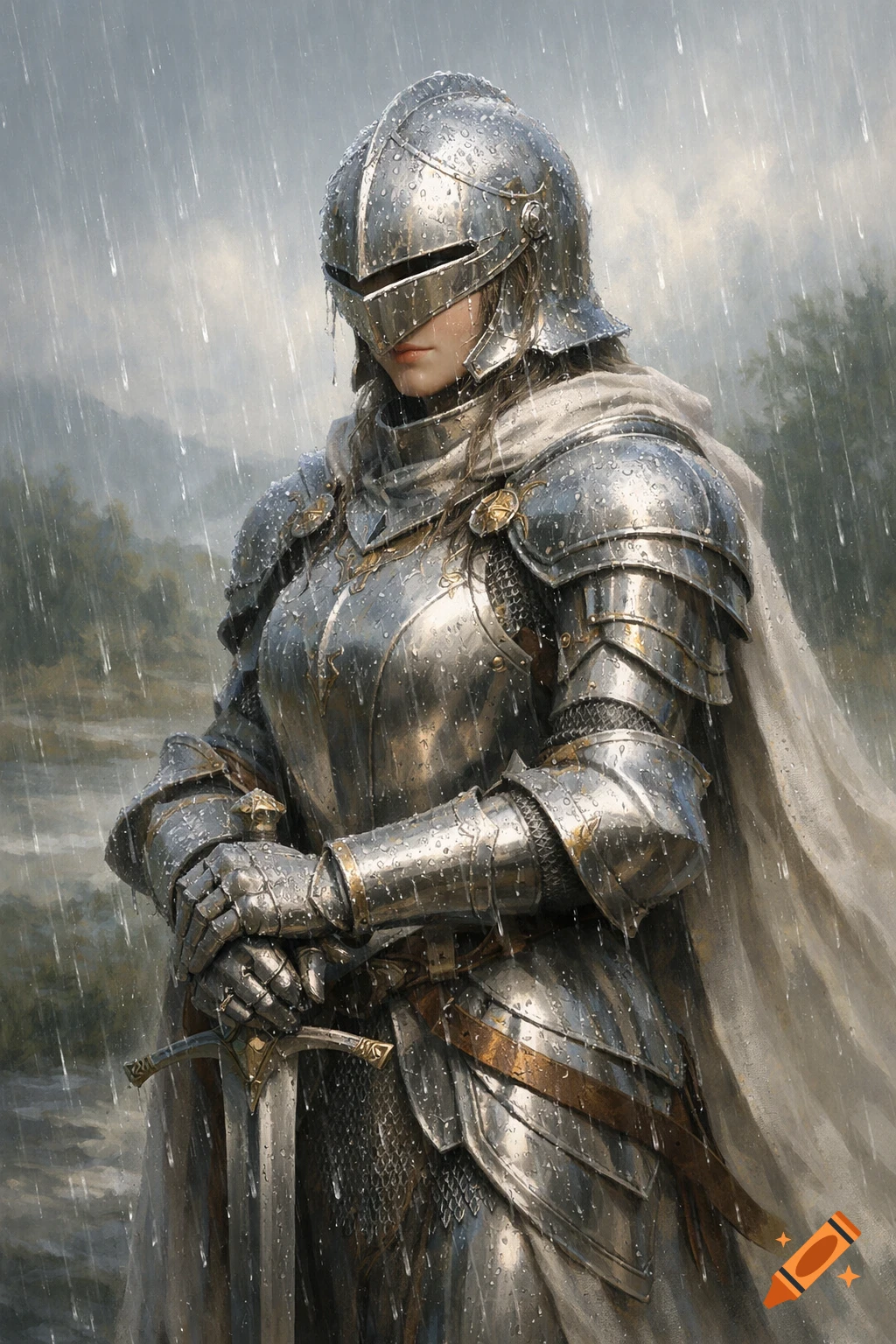 A knight in shining silver armor and a white cape stands solemnly in the rain, hands clasped over a sword.