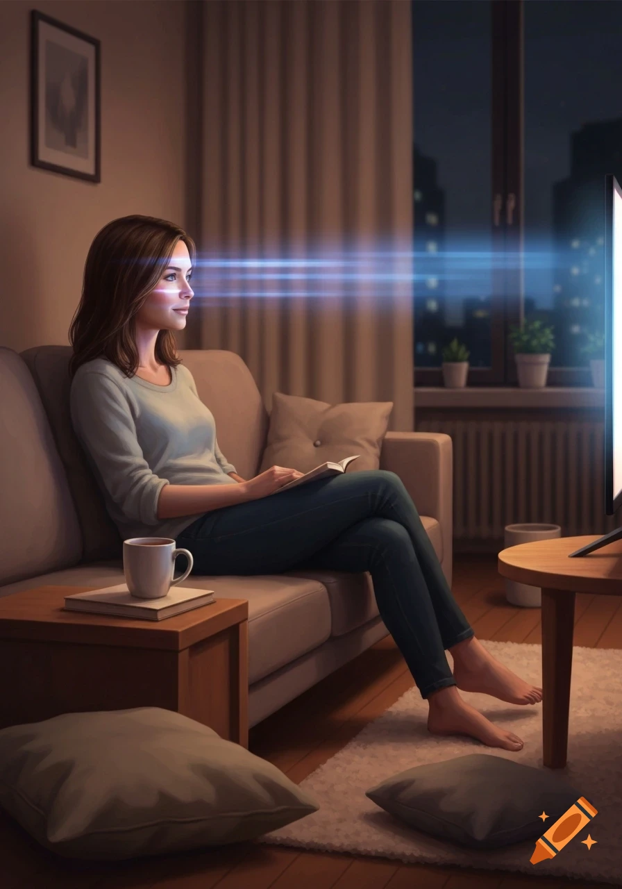 A young woman sits on a couch at night, illuminated by a blue glow from a TV, reading a book in her living room.