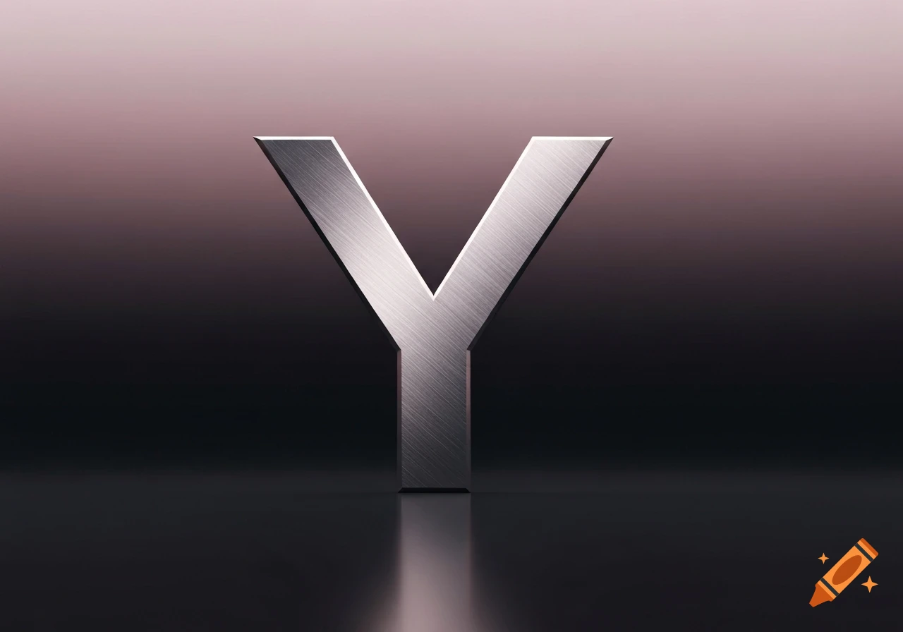 Metallic letter Y with a brushed texture, reflecting on a dark surface against a pink and dark gradient background.