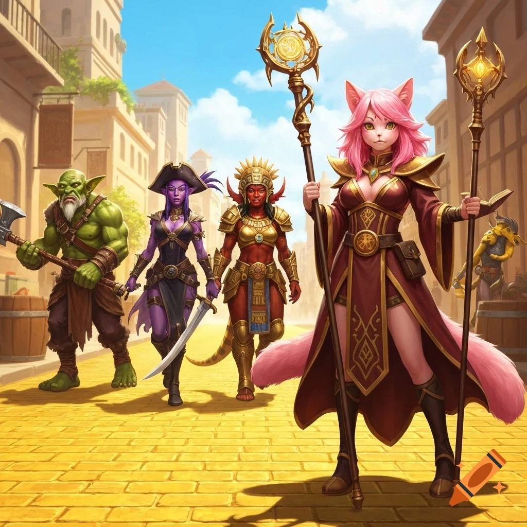 An adventuring party on a gold brick road: a green goblin, a purple dark elf pirate, a red orc shaman, and a pink-haired cat-girl mage with a staff, in an anime-fantasy style.