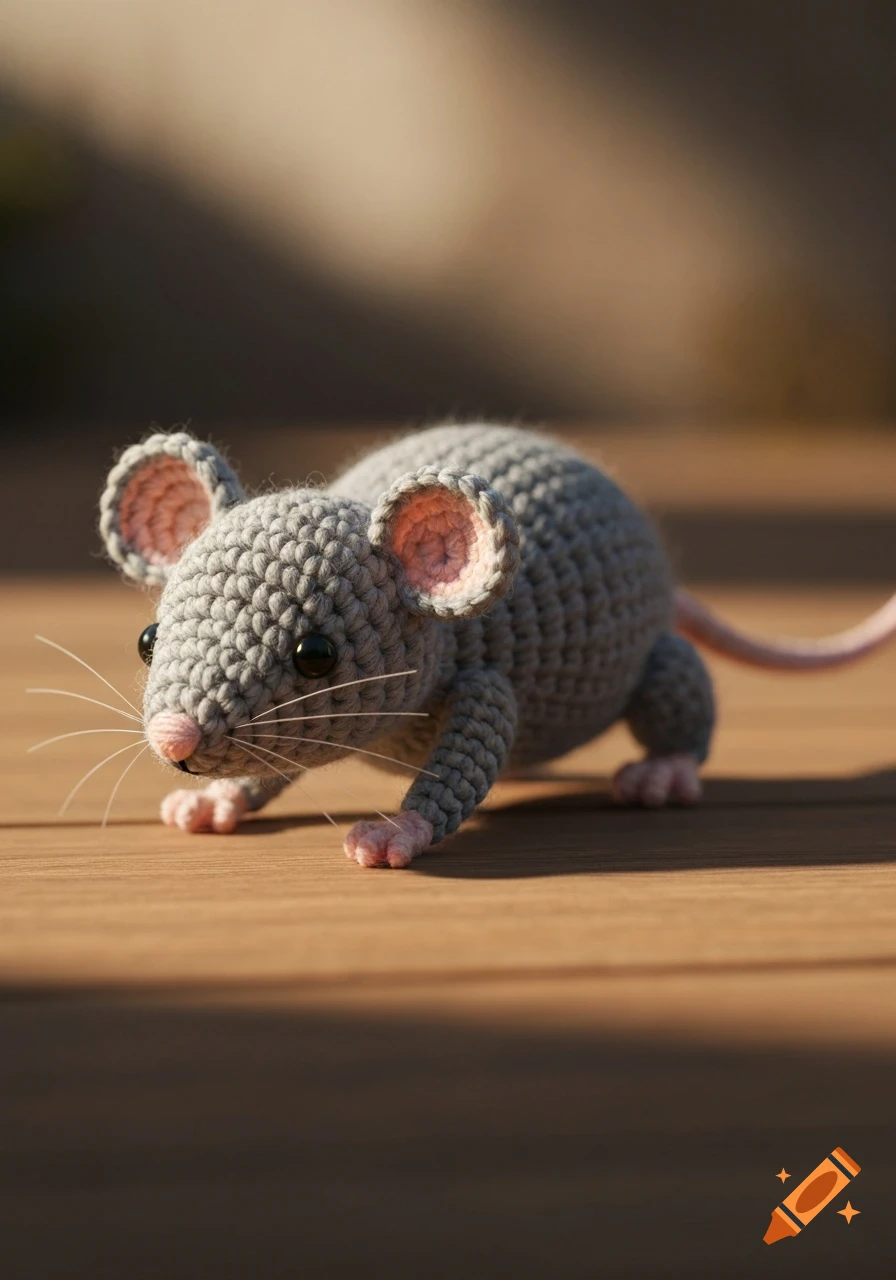 A cute gray crocheted mouse with pink ears and nose, black bead eyes, and white whiskers, crawling on a wooden surface in sunlight.