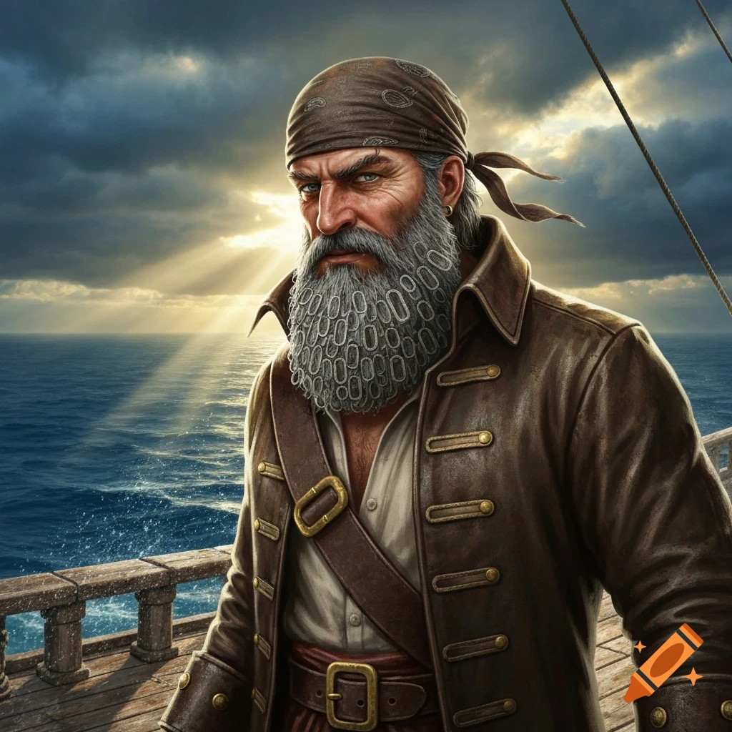 A grizzled pirate with a Velcro-like beard on a ship deck, looking intensely at the viewer with the ocean and dramatic sky.
