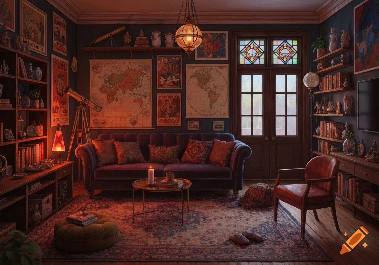 A cozy, richly decorated living room with dark walls, a purple sofa, ornate rugs, bookshelves, maps, a telescope, and warm lighting from lamps and a chandelier.