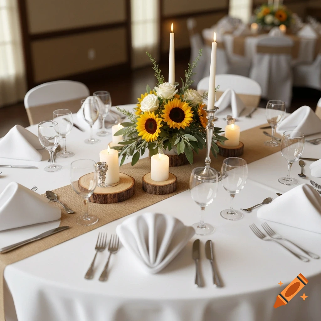 Round wedding table set with white tablecloth, burlap runner, sunflowers, white roses, candles on wood slices, and place settings.