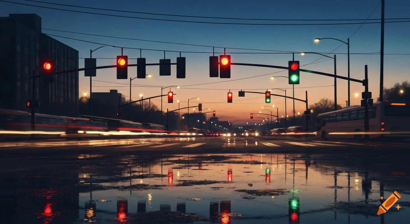 A city street at dusk with numerous traffic lights, light trails from vehicles, and reflections on a wet road.