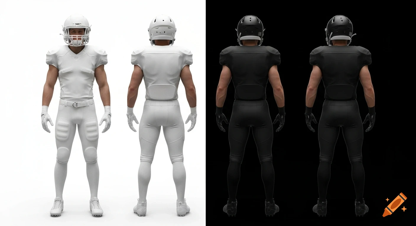 Four identical American football players in white and black uniforms on split backgrounds, front and back views.