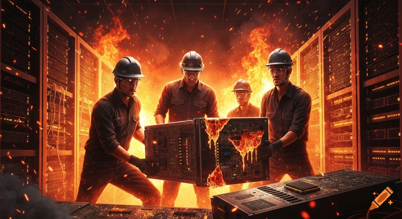 Engineers in hard hats and safety glasses remove burning server equipment from a fiery data center engulfed in flames and sparks.