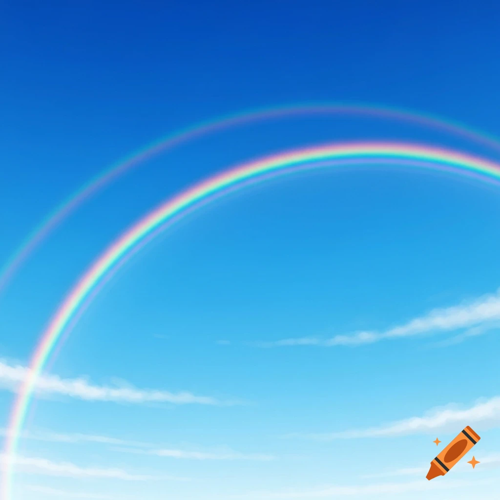 A clear blue sky with a vibrant double rainbow and wispy white clouds.