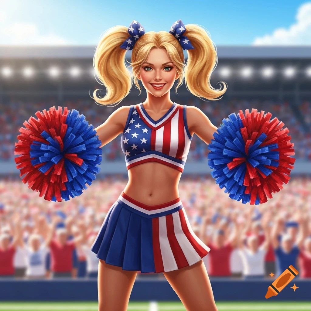 Smiling blonde cheerleader in an American flag uniform and pigtails, holding red and blue pompoms in a stadium, digital art.