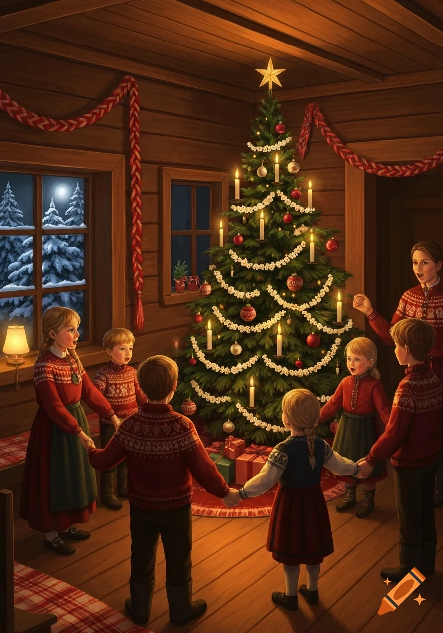 A family holds hands around a brightly lit Christmas tree in a cozy wooden cabin, with snow visible outside the windows.