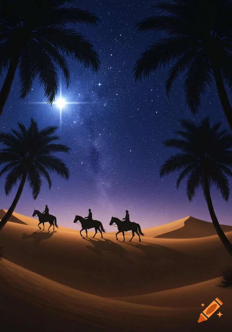 Silhouettes of three riders on horseback traverse desert dunes under a starry night sky with a prominent bright star and palm trees.