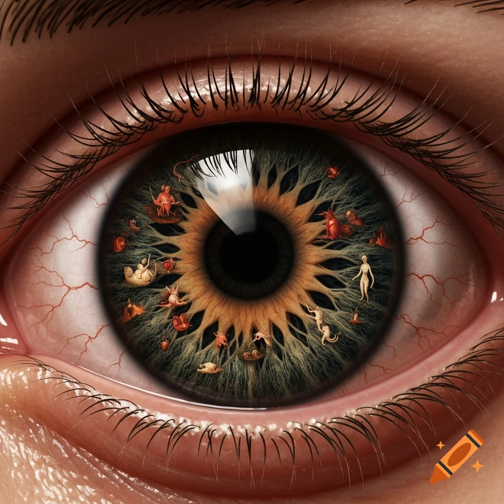 Photorealistic close-up of an eye with miniature Hieronymus Bosch-style figures and surreal scenes within the iris.