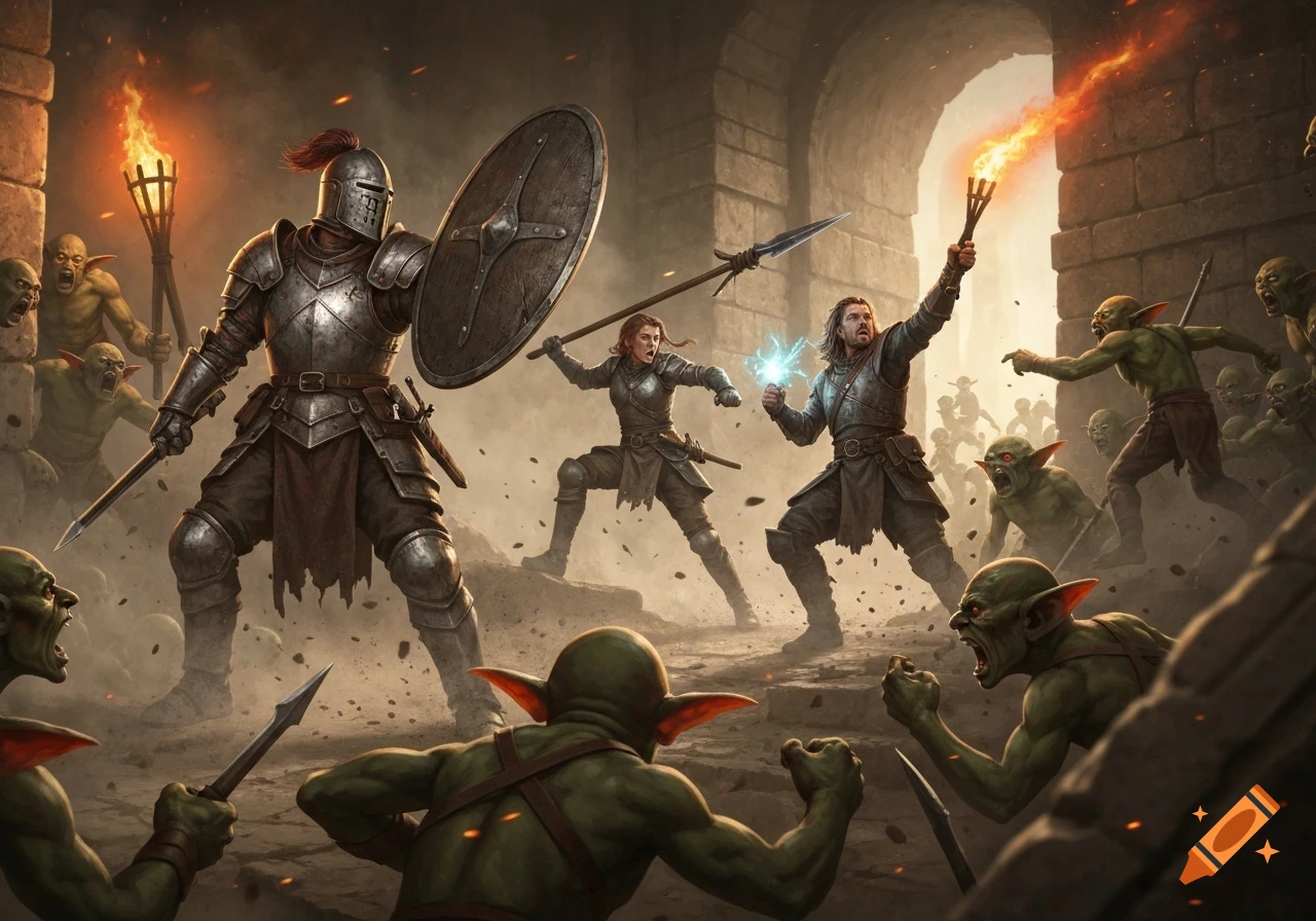 A knight, female warrior, and male spellcaster battle a horde of green goblins in a fantasy setting with stone archways and torches.
