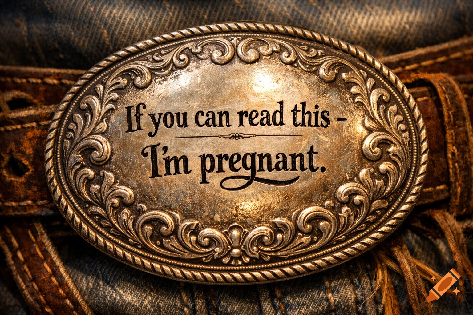 Close-up of an ornate, oval metallic belt buckle on blue jeans and a leather belt, engraved with 'If you can read this - I'm pregnant.'