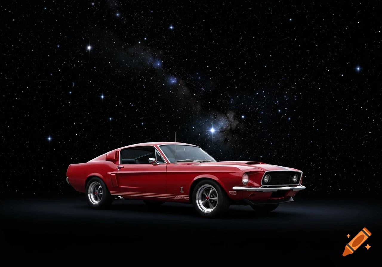 A red 1968 Ford Mustang Shelby GT500 is parked against a backdrop of a vast, star-filled night sky.