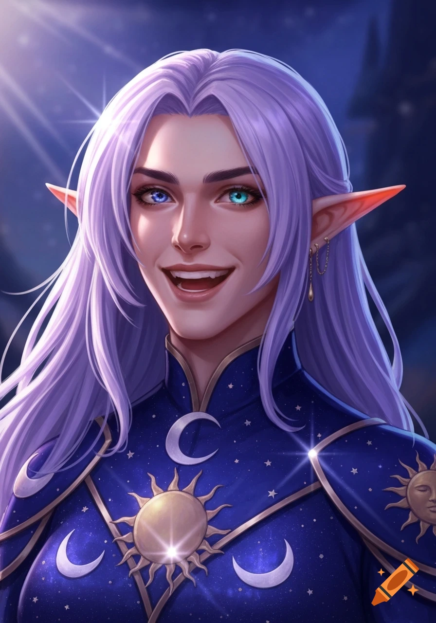 Smiling fantasy elf with long purple hair, blue and turquoise eyes, wearing a dark blue celestial outfit with sun and moon motifs.