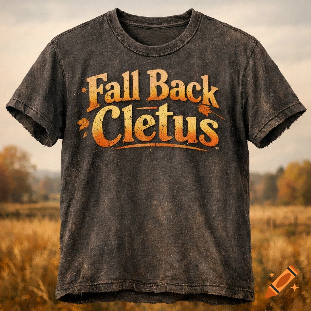Dark grey distressed t-shirt with orange and yellow text 'Fall Back Cletus' and small autumn leaves, set against a blurred field.