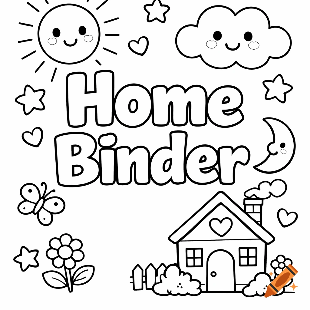 Black and white coloring page with the text 'Home Binder' surrounded by cute line art of a smiling sun, cloud, stars, hearts, butterfly, flowers, house, and moon.
